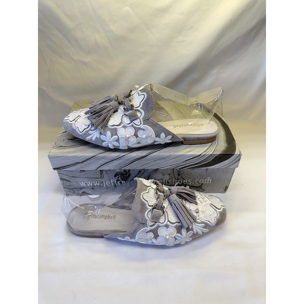 Jeffrey Campbell Ravis Flowered Gray & White Loafer Mules With Box